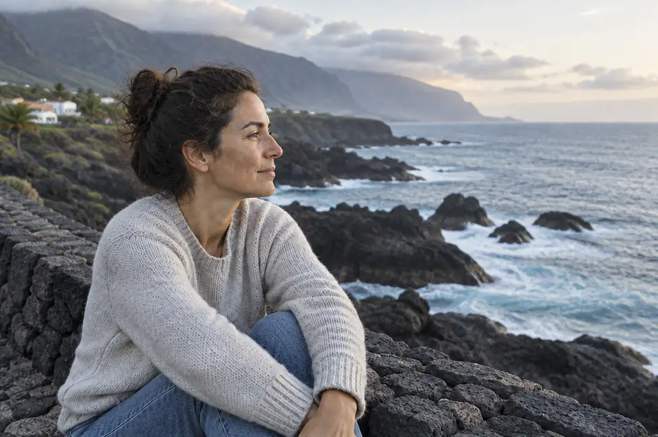 Mujer sentada junto al mar en la costa norte de Tenerife, mirando el horizonte