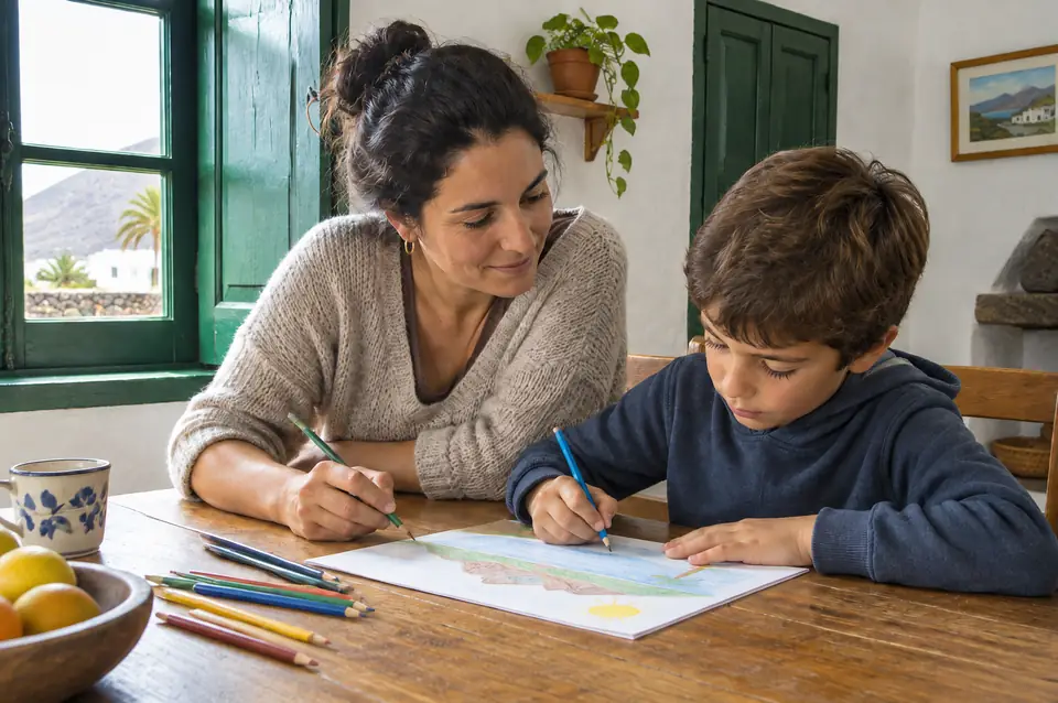 Madre e hijo dibujando juntos en la mesa de la cocina de una casa canaria