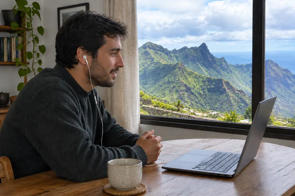Hombre en una videollamada con el portátil junto a una ventana con vistas a las montañas de Teno