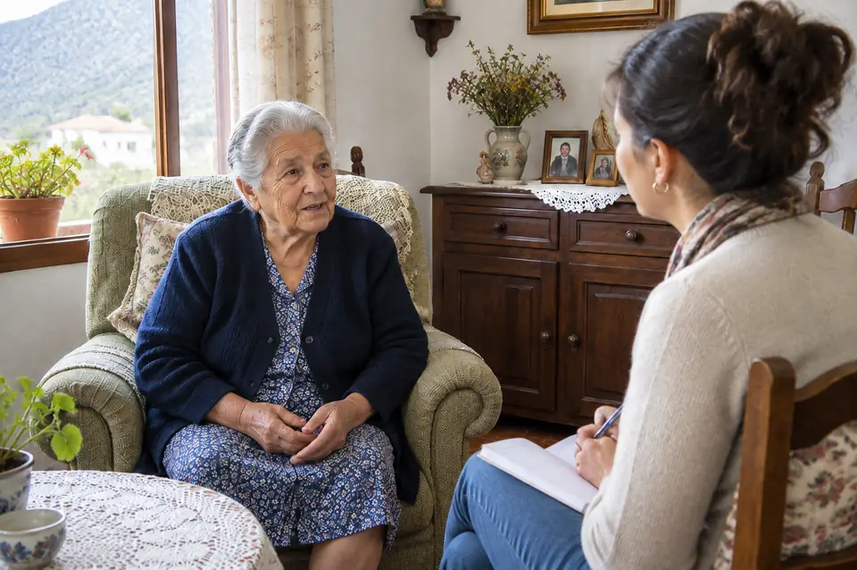 Mujer mayor en el salón de su casa conversando con una profesional